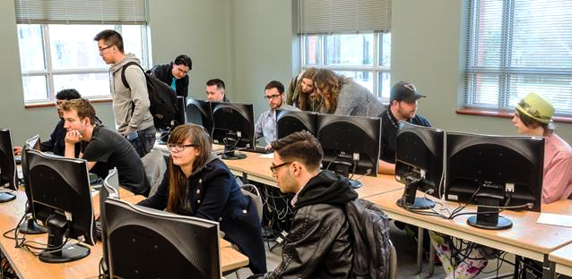 Students in the CMPUT 250 course work in groups of six to develop games over four months. Photo courtesy of Kevin Schenk and Vadim Bulitko.