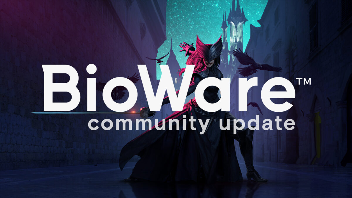 A woman clad in black with a rapier, flaunting a pose with the BioWare Community Update logo in front of her.